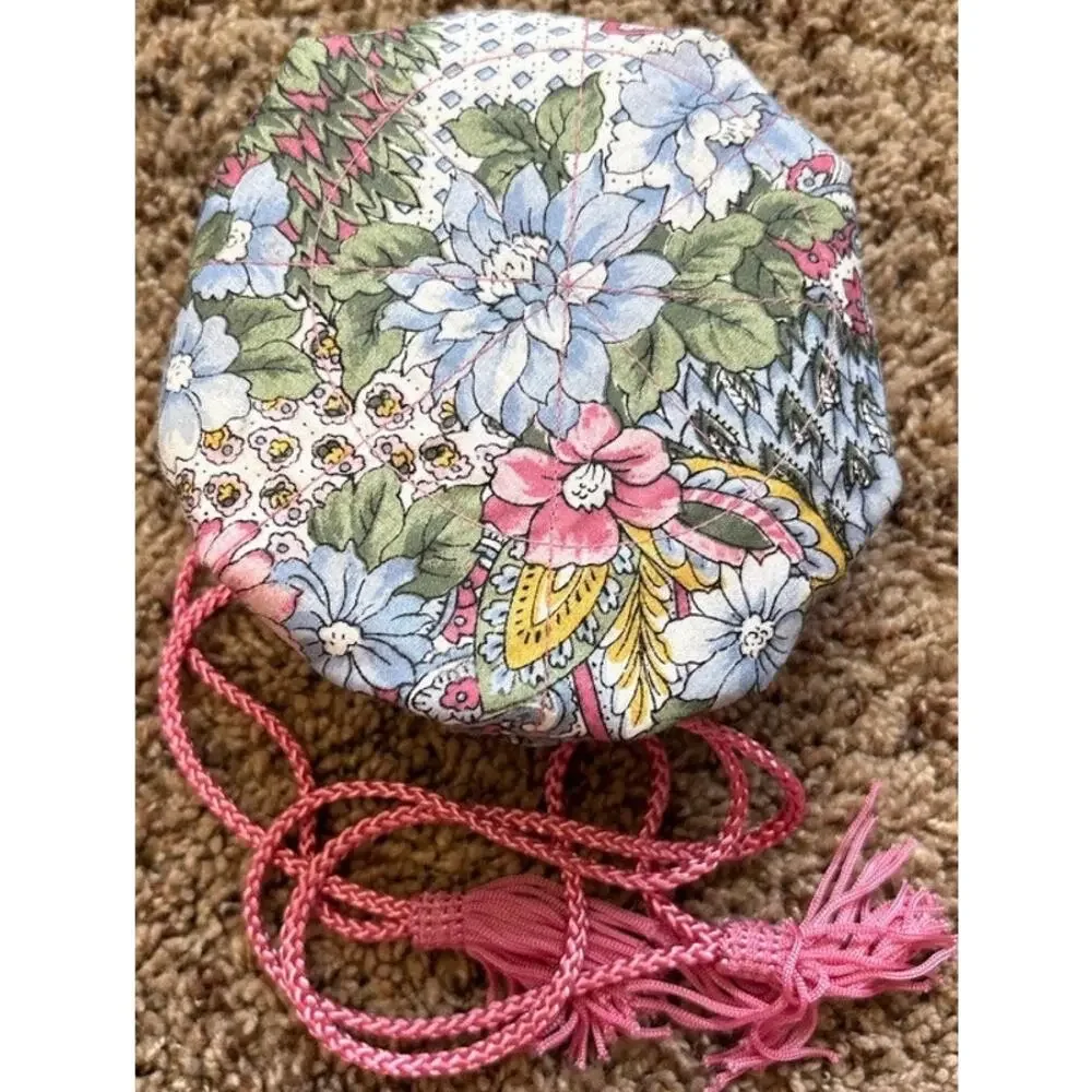 Vintage Satin Pink Drawstring Handbag Pouch Floral Lining Pink Tassels